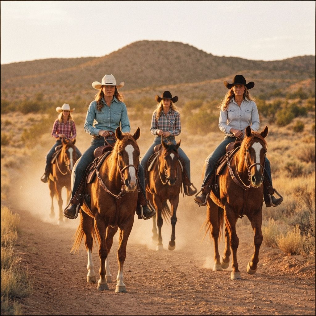 Cowgirls Ride Horses in Mountainous Western Landscape