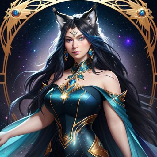 Lynx-Eared Beauty in Galaxy Gown: Art Nouveau Style