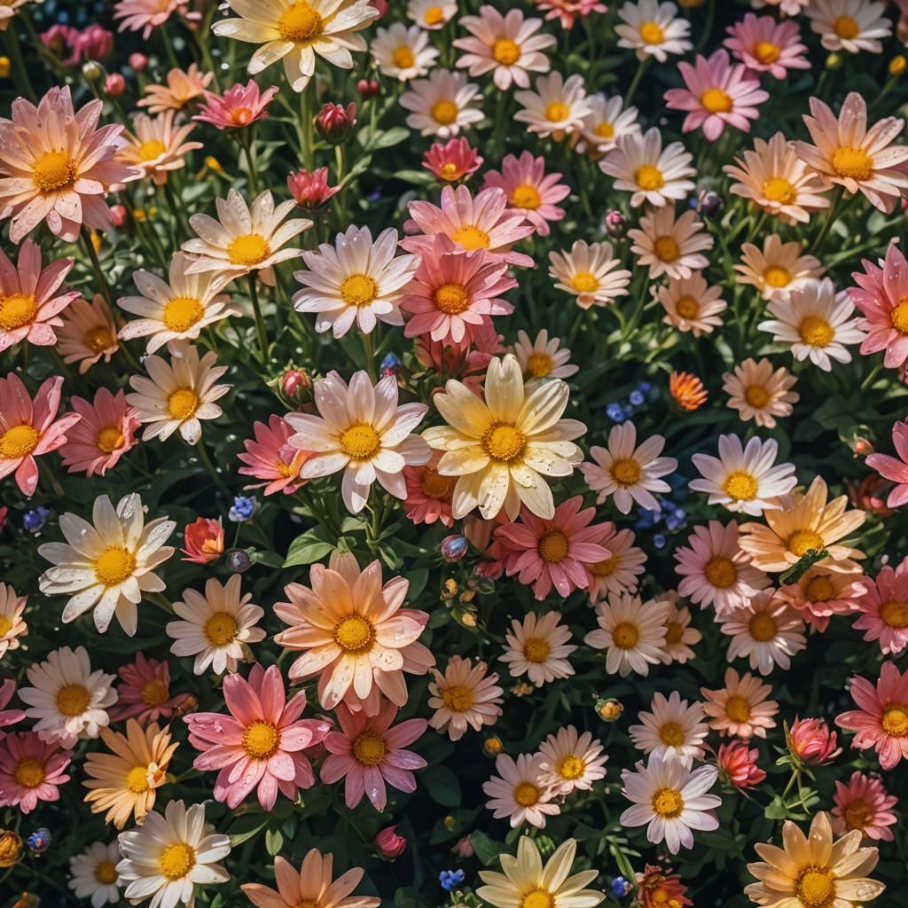 Vibrant Flowers Bloom in Hyperrealistic Garden