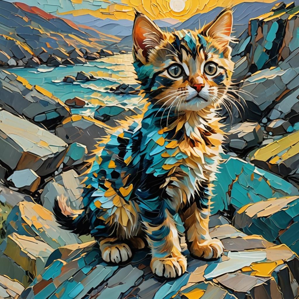 Kitten in Neo-Expressionist Oil Painting at Sunset