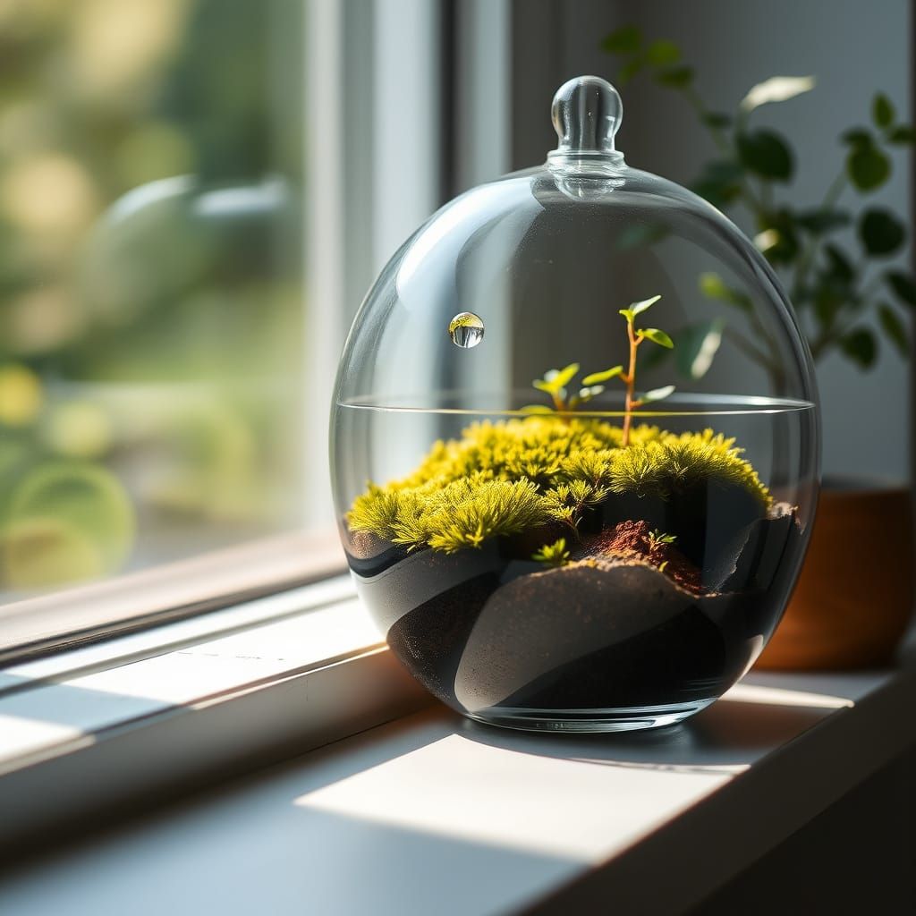 Sunlit Terrarium with Droplet in Soft Focus