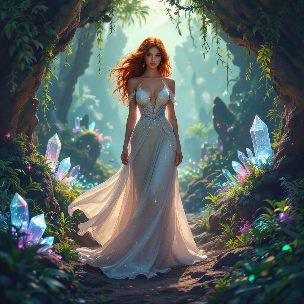 Woman in Alien Jungle with Bioluminescent Flora