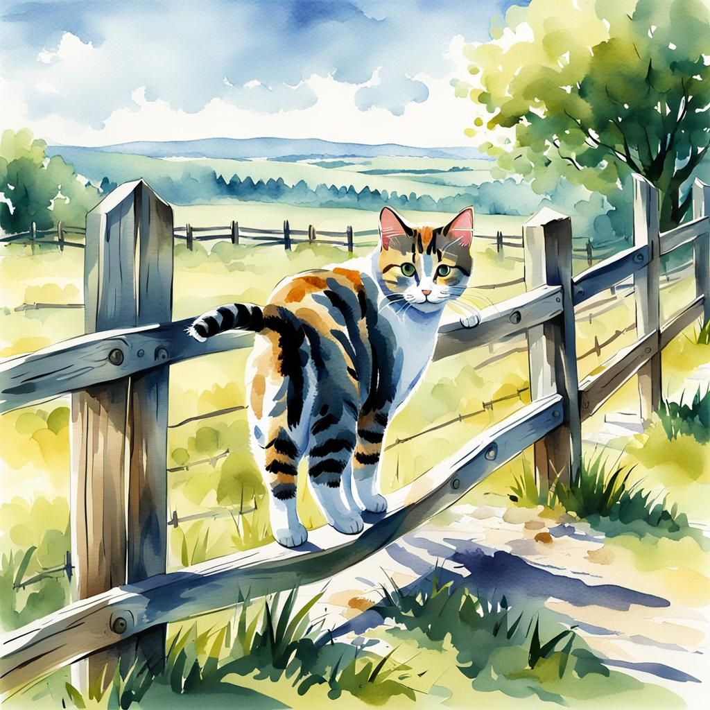 Cat Walks on Fence: Watercolor Digital Sketch