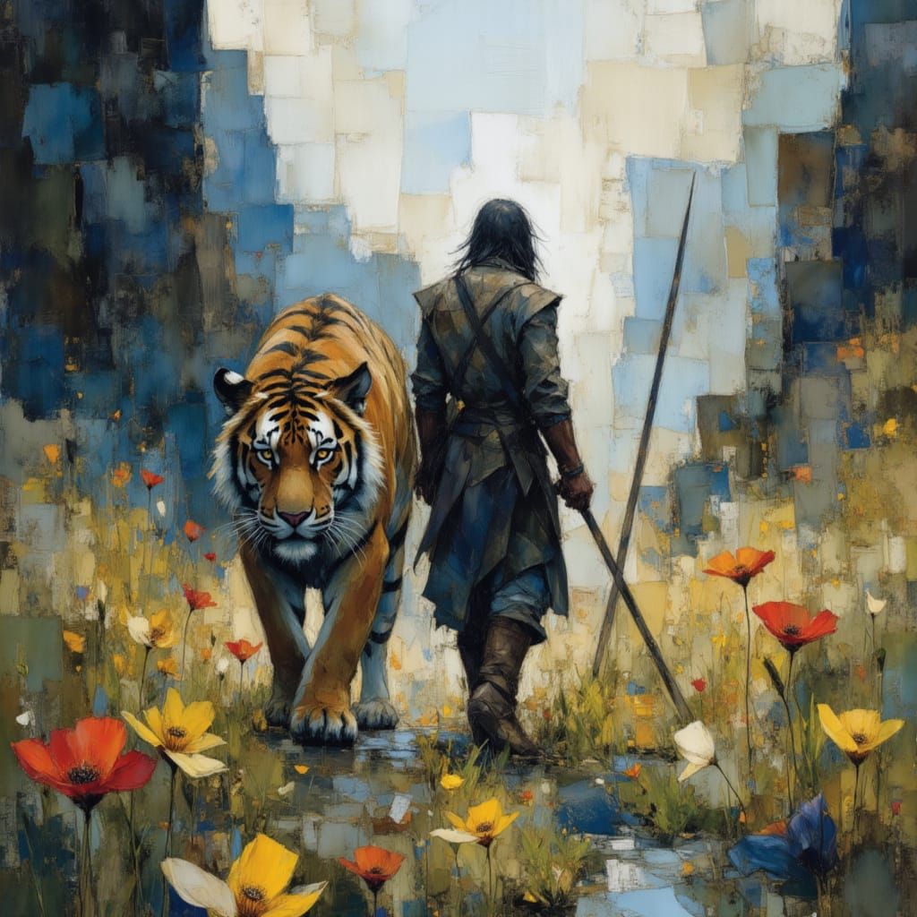 Warrior and Tiger in Floral Valley, Painterly Style