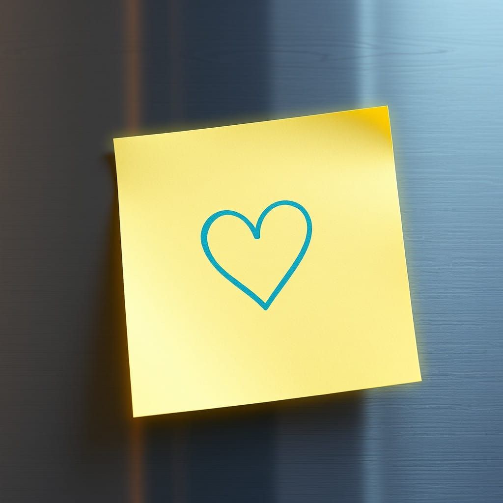 Realistic Yellow Post-it Note with Blue Heart in Futuristic....