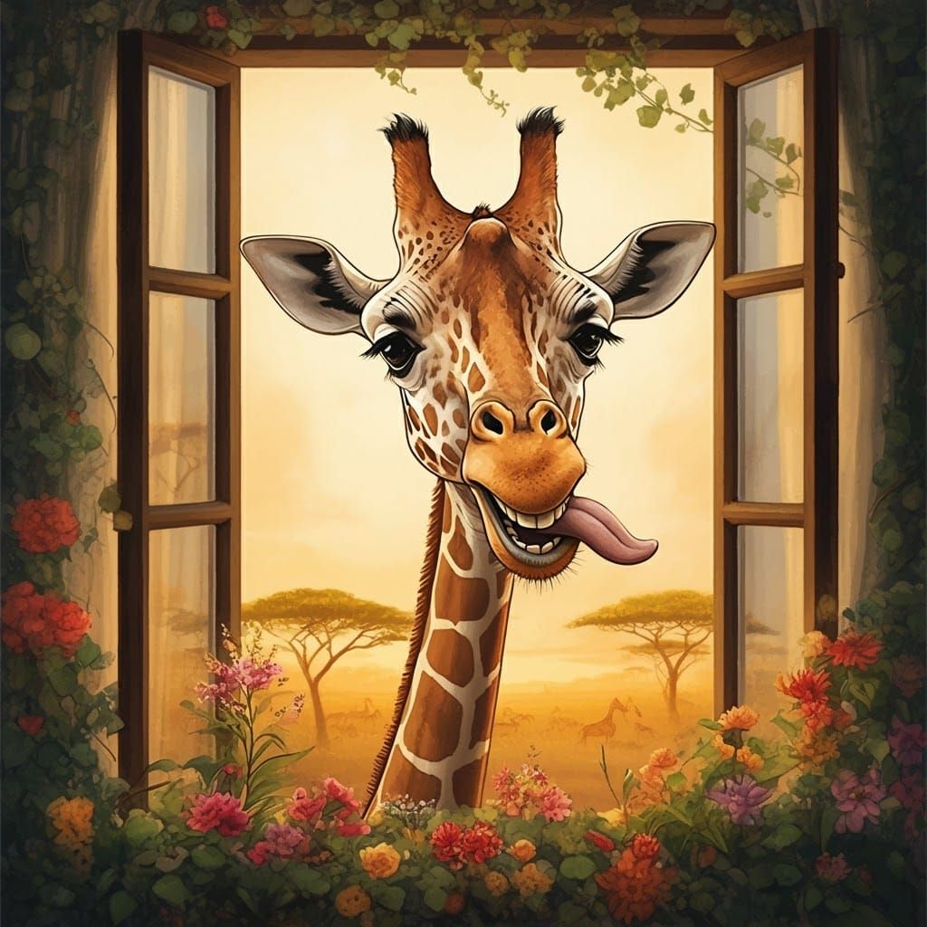 Whimsical Giraffe Portrait with Watercolor Textures