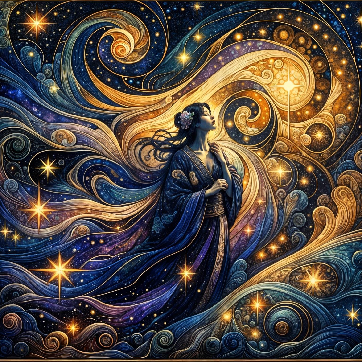 Art Nouveau Celestial Woman in Starlight