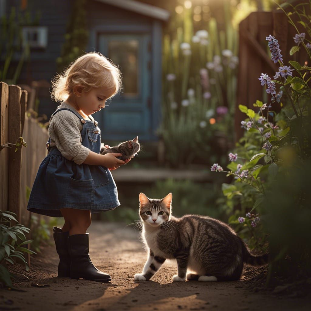 Toddler and Cat in Garden, Natural Light Photography