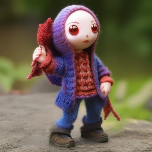 Cute Yarn Boy with Flower in Dark Fantasy Style