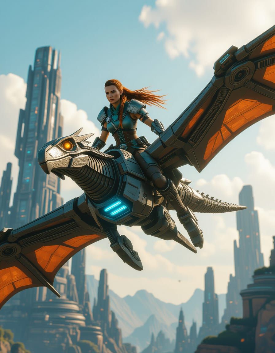 Aloy Rides Mechanical Pterosaur in Dramatic Scene