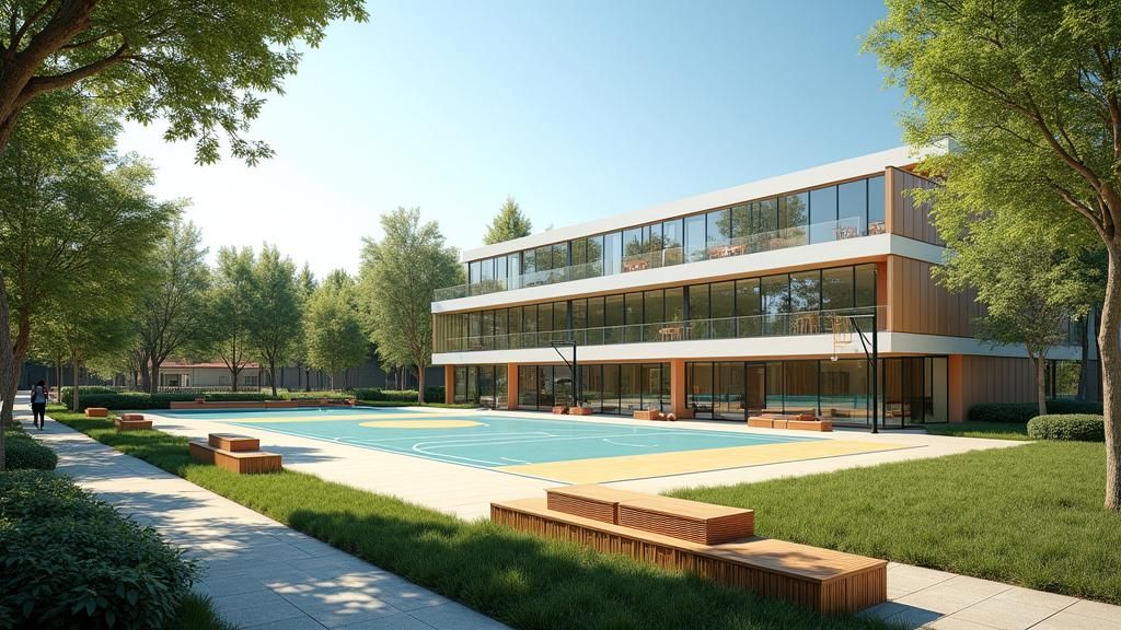 Modern Sports Complex with Terraces Under Summer Sky