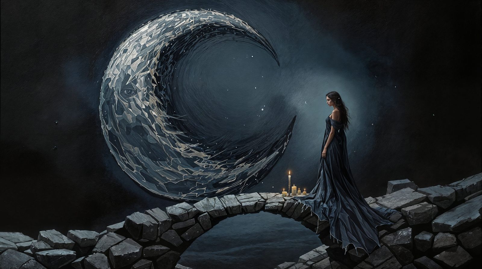 A Nocturnal Woman's Yearning Beneath the Crescent Moon