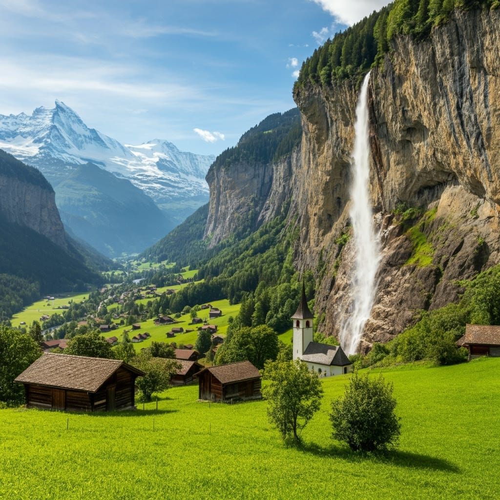 Majestic Alpine Valley Waterfall in Vibrant Color