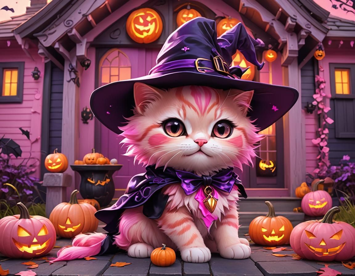 Pink Witch Cat in Halloween Scene: Digital Art