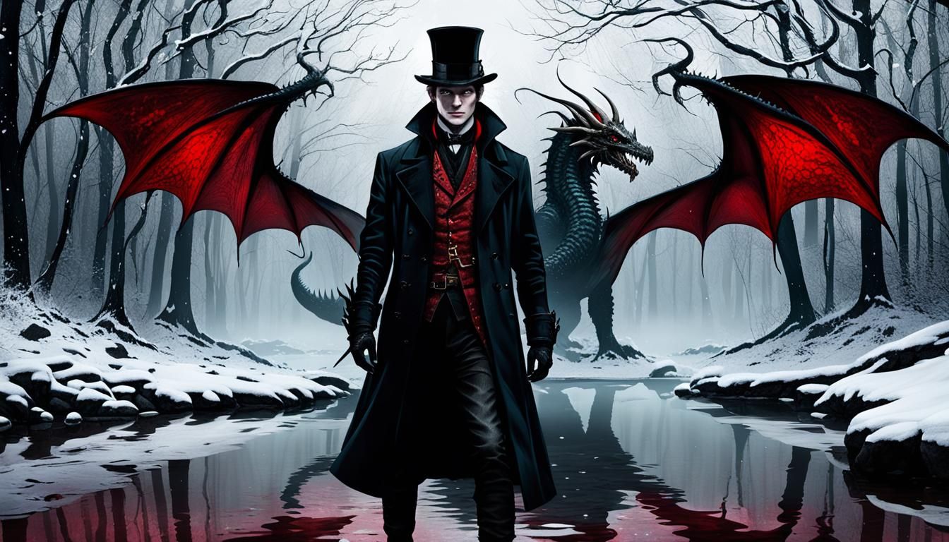 Gothic Man and Dragon in Snowy Forest