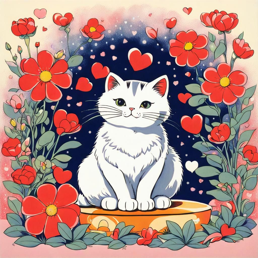 Cute Cat with Flowers in Manga Style