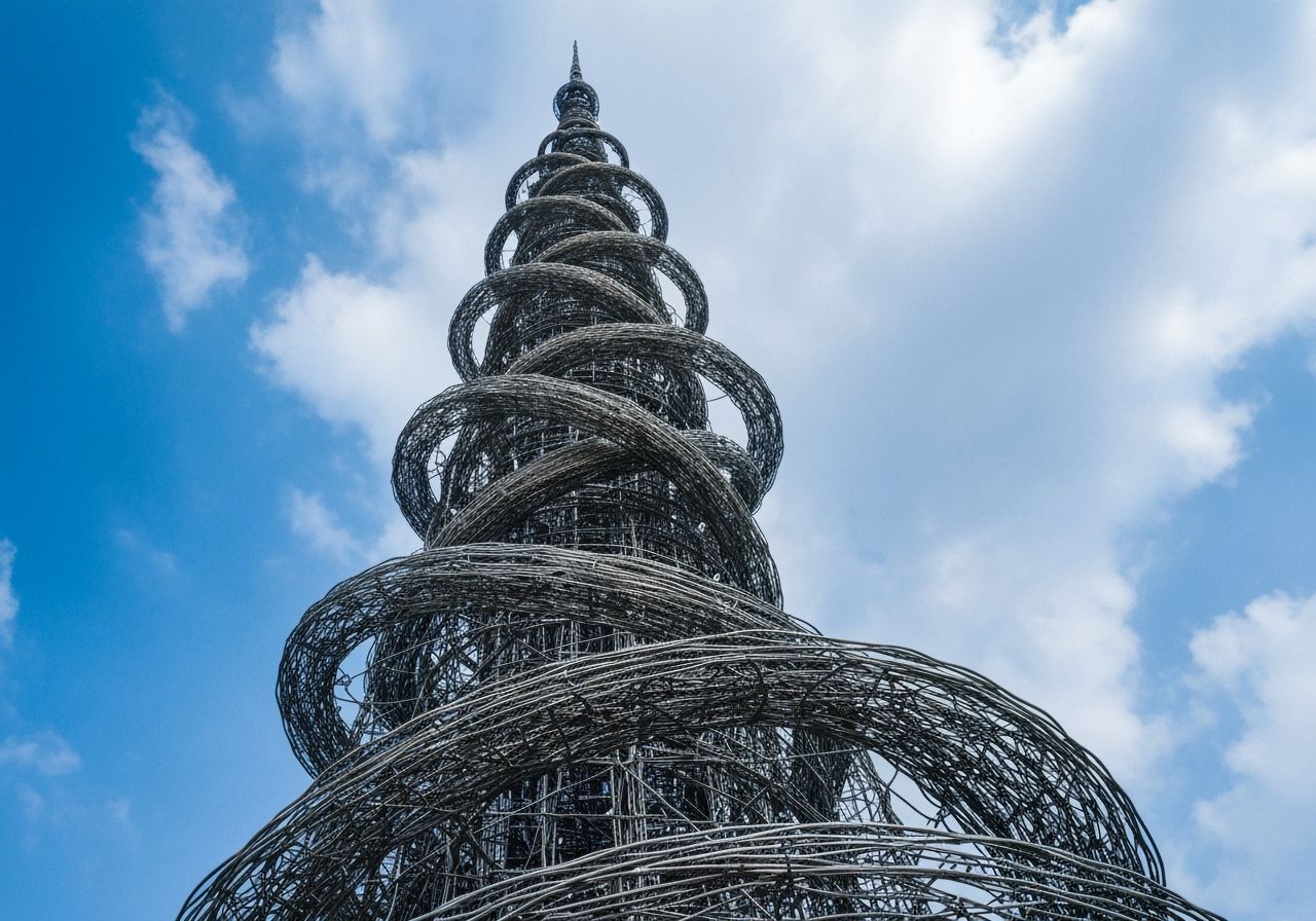 Futuristic Wire Skyscraper Against Blue Sky