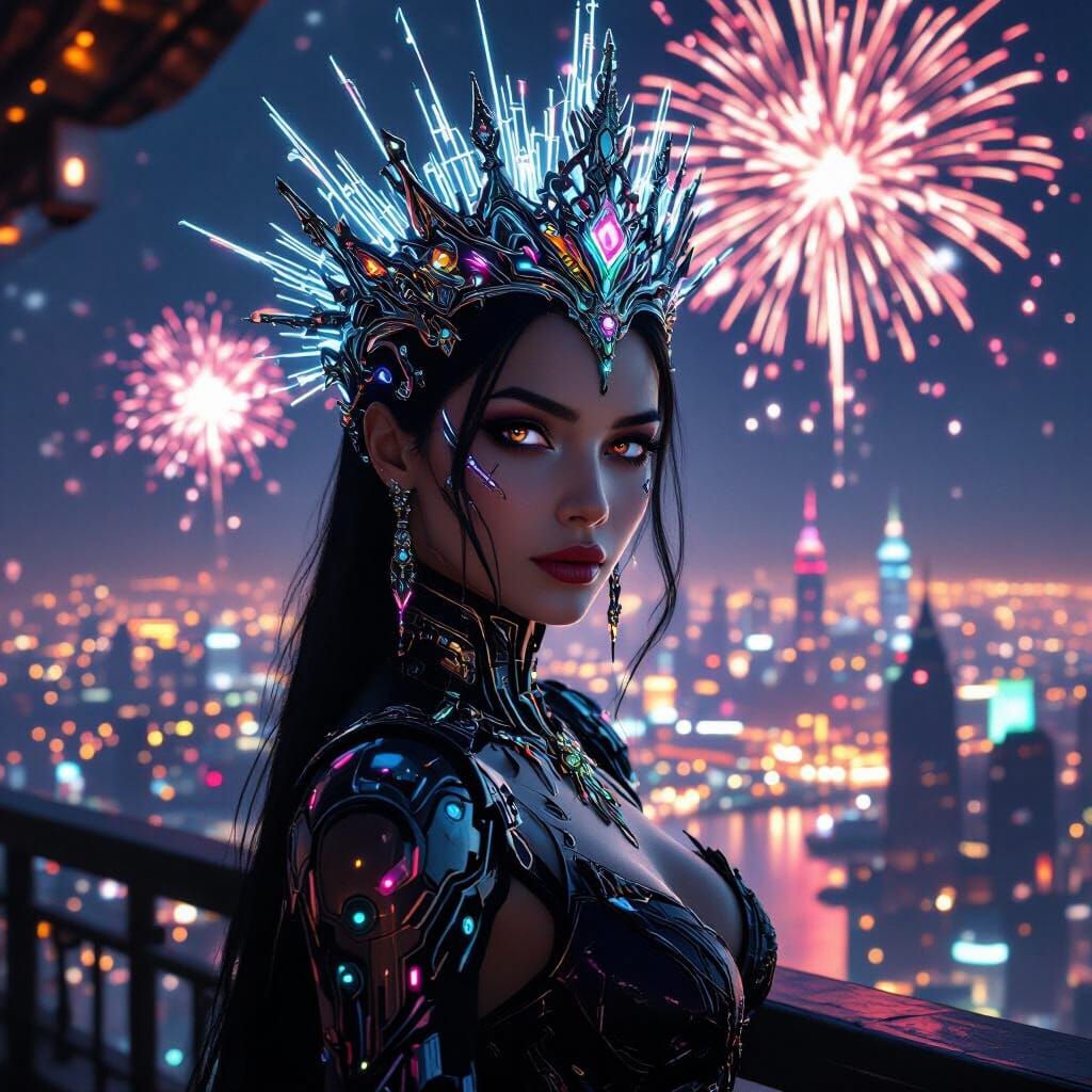 Cyberpunk Empress with Energy Crown Over Neon City