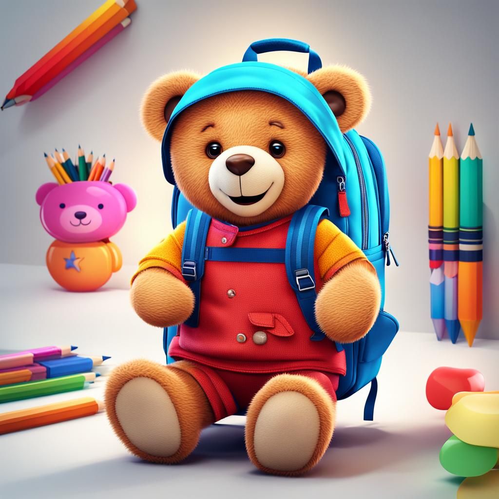 With vivid and realistic colors: "The cute teddy bear is smiling and going to school. The background of the drawing is c...