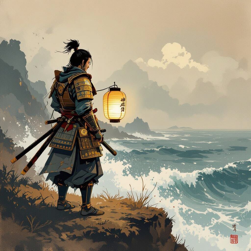 Samurai with Lantern Overlooking Stormy Sea, Ukiyo-e Style