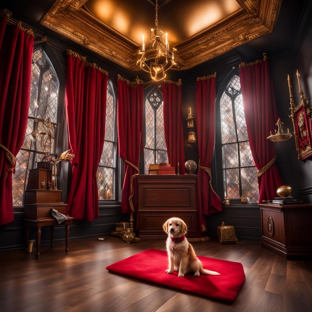 Gothic Harry Potter Puppy Playroom: Hyperrealistic Photo