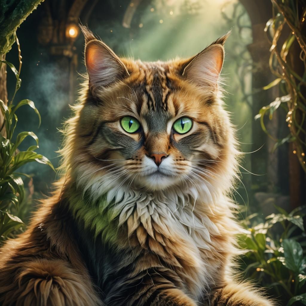Serene Cat Portrait in a Detailed Fantasy Landscape