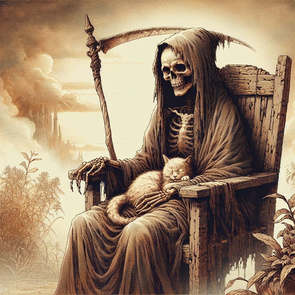 Grim Reaper with Cat in Digital Painting Style