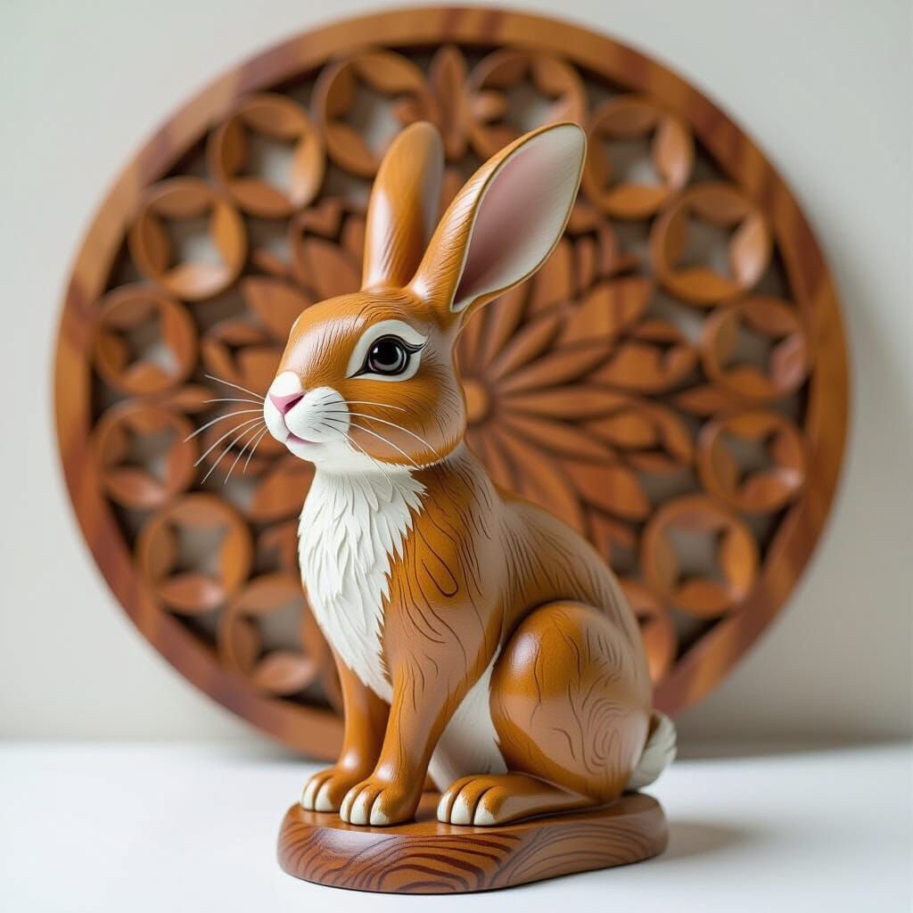 Elegant Wood Carved Rabbit Statue