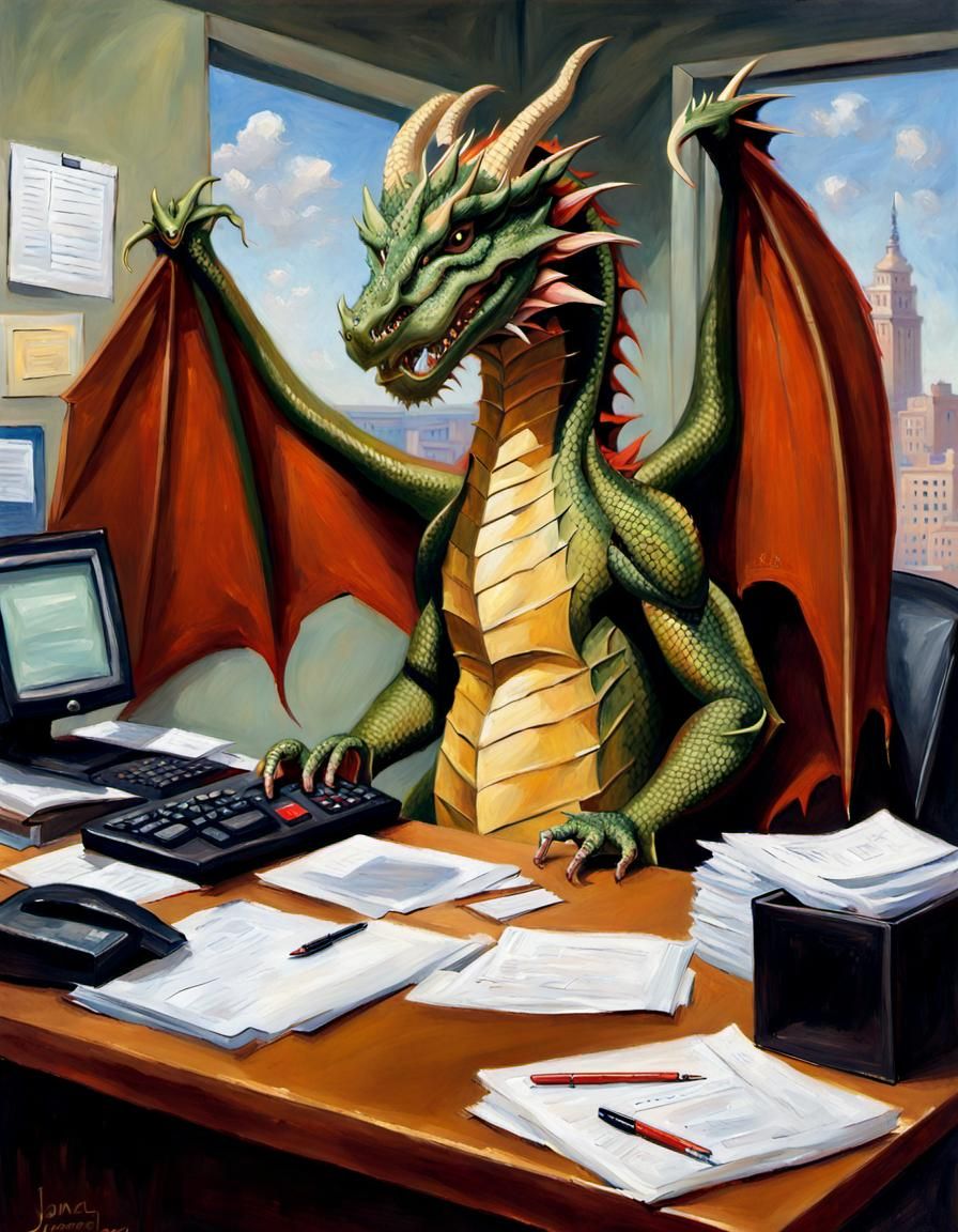 Dragon Accountant in Office, Oil Painting Style