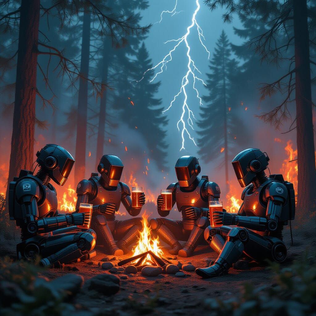 Robots Picnic Barbecue Amidst Wildfire in Woods