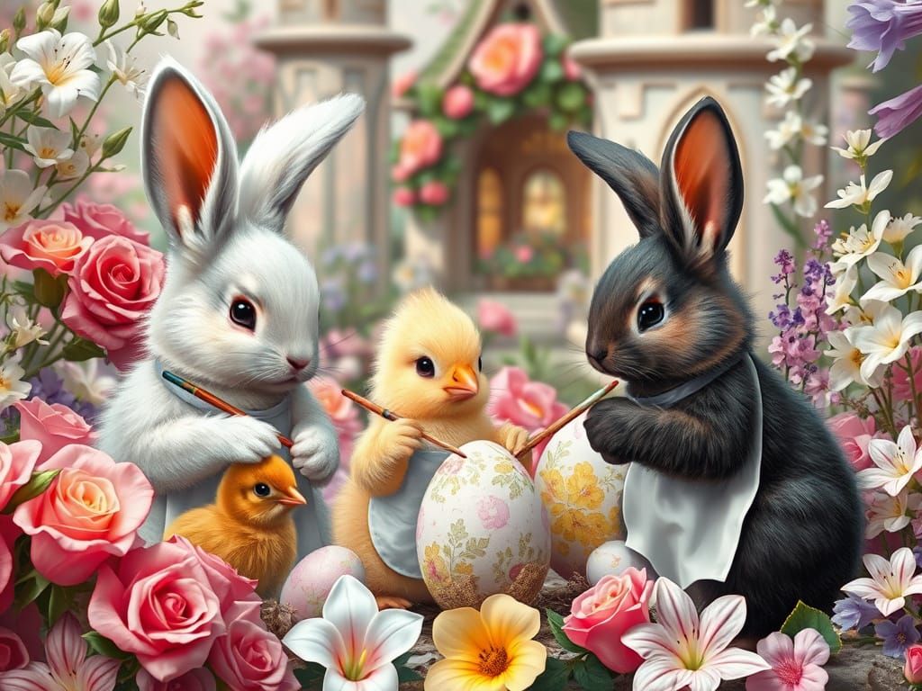 Easter Bunnies Painting Eggs in Fairytale Garden