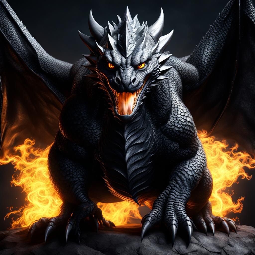 Detailed Obese Dragon with Black Ink Fur in CGI Style