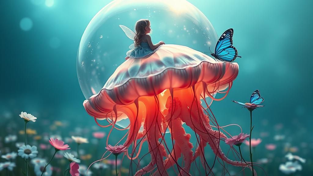 Fairy Girl and Jellyfish in Glowing Bubble