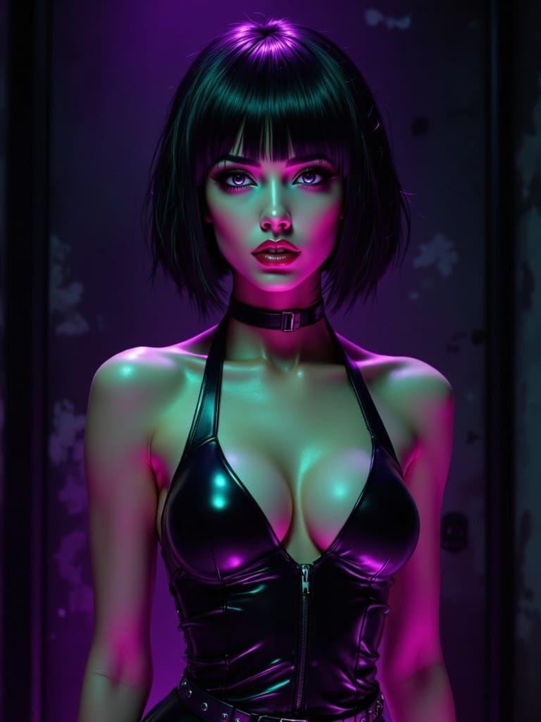 Sultry Woman in Latex Dress with Dramatic Lighting