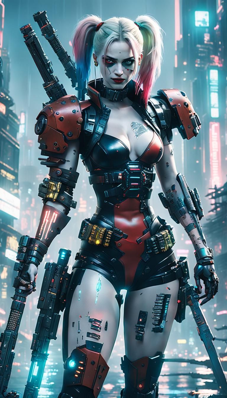 Cyberpunk Harley Quinn with Mecha Arm in 2099