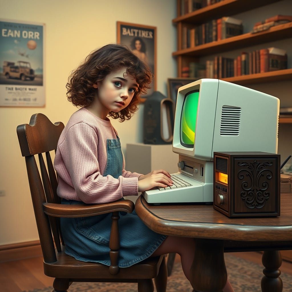Girl Typing on Vintage Computer in Cozy Study