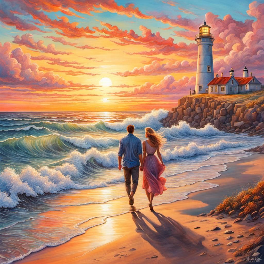 Romantic Beach Sunset, Watercolor and Pastel Art