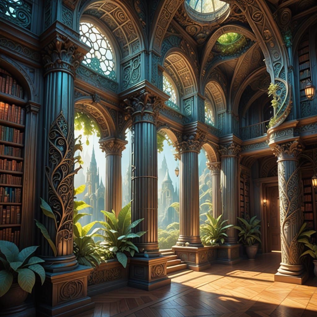 Dreamy Scroll Library with Seedpods in Pastel Illustration