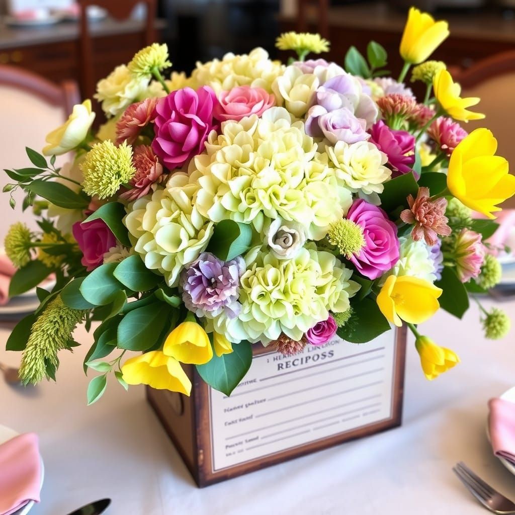Flower arrangement in a recipe box