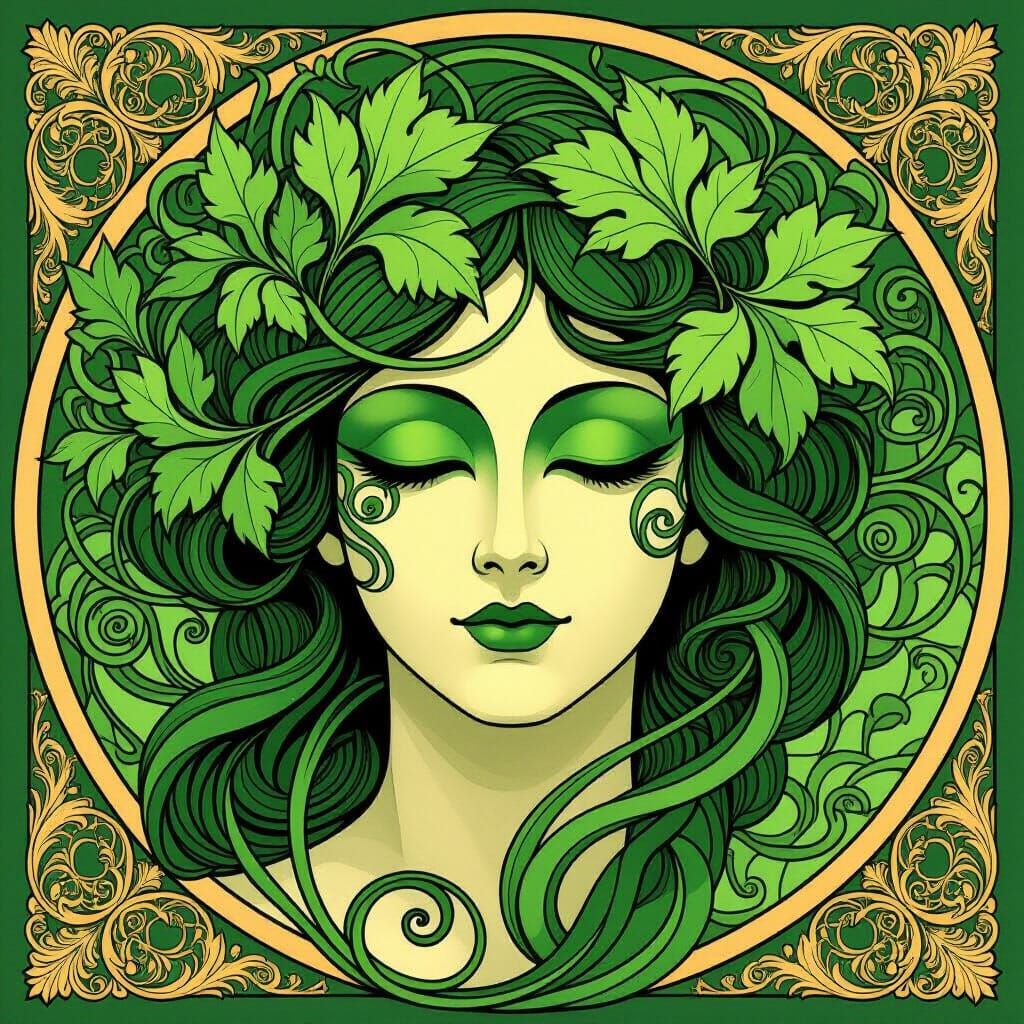 Art Nouveau Mask of Emerald Leaves and Flowers