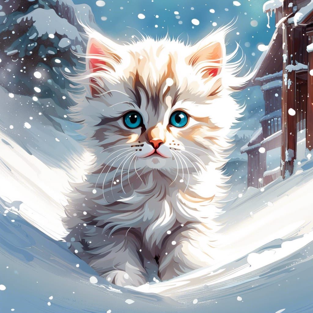 Cute Kitten Playing in Snow, Fantasy Art