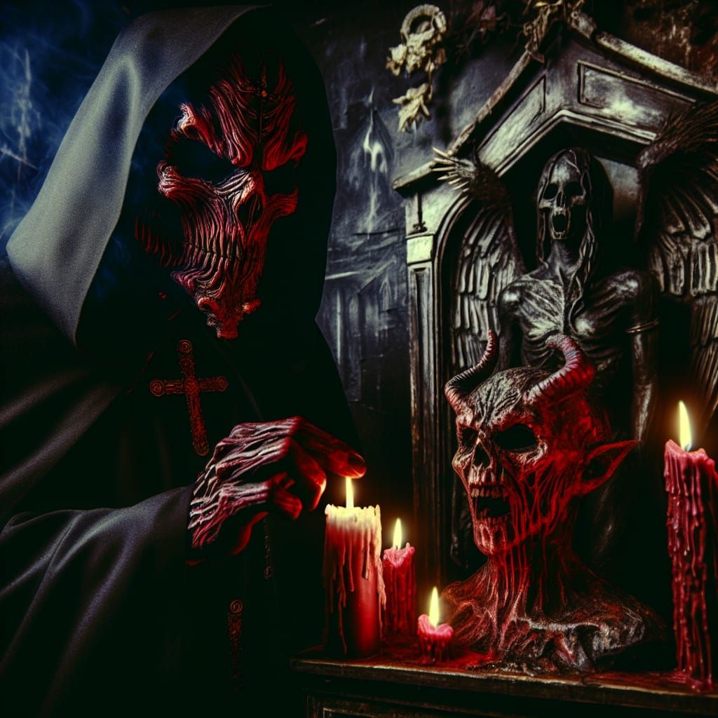 Sinister Acolyte Lights Shrine Candle in Eerie Scene
