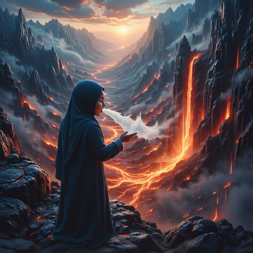 Girl Contemplates Lava Lake from Mountain Top