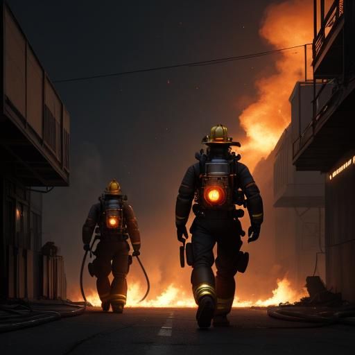 Cyberpunk Firefighter Robot Amidst Burning Building