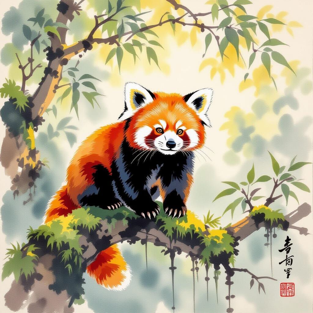 Red Panda on Mossy Branch in Chinese Ink Style