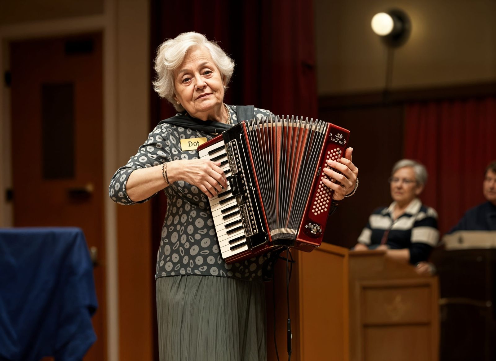 Dot Performs Polka on Accordion in Community Theater