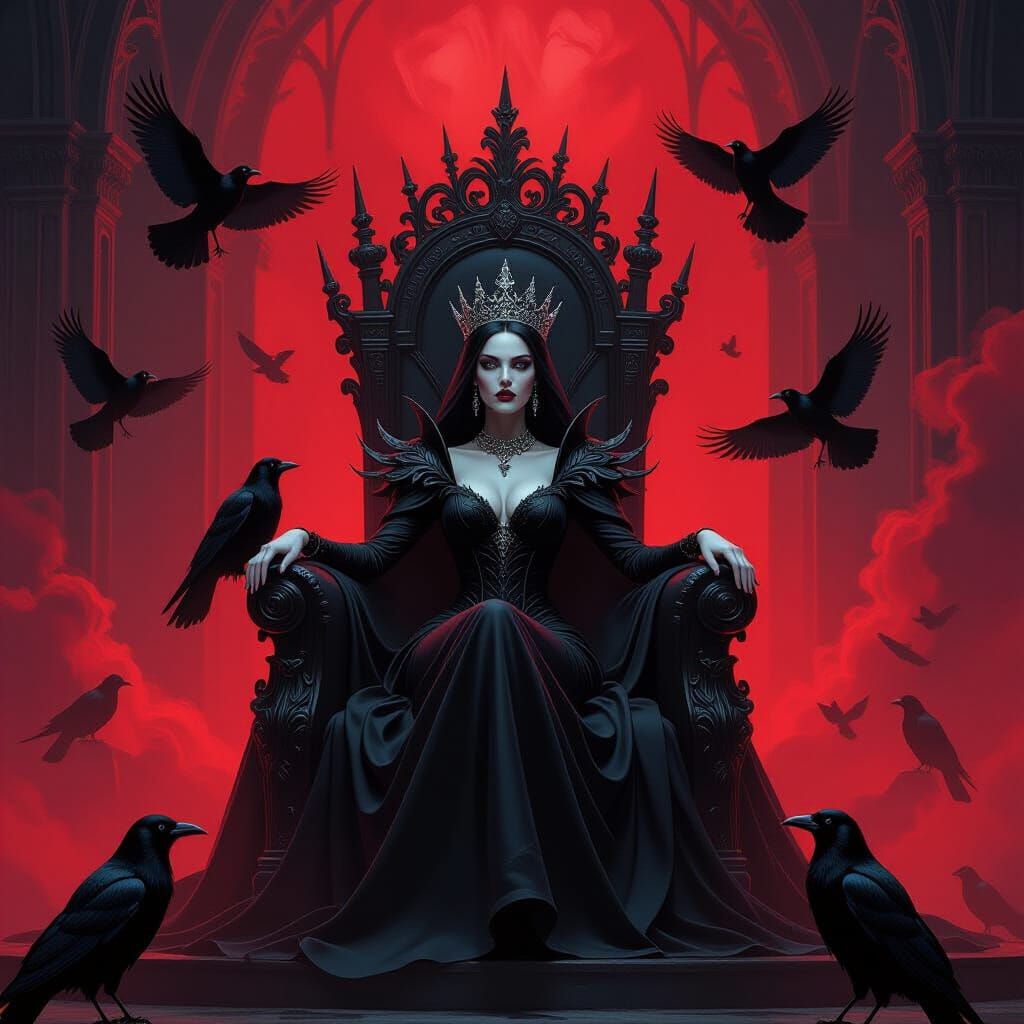 Dark Empress on Obsidian Throne with Ravens in Gothic Palace
