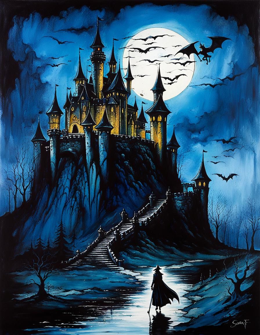Twilight Castle with Dracula Shadows in Cel-Shaded Style