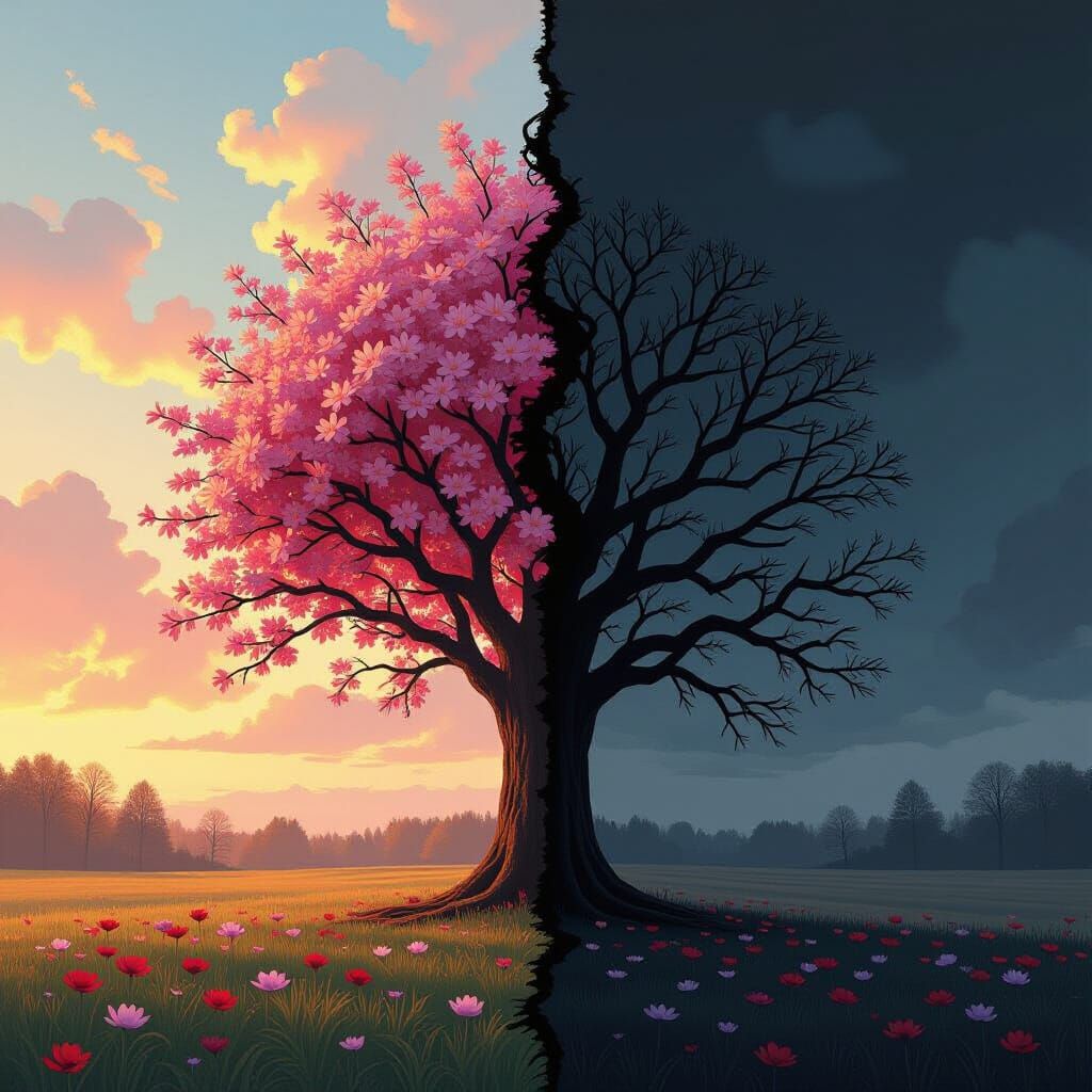 Life and Death Contrast: Blossoming Flowers vs Withered Tree...