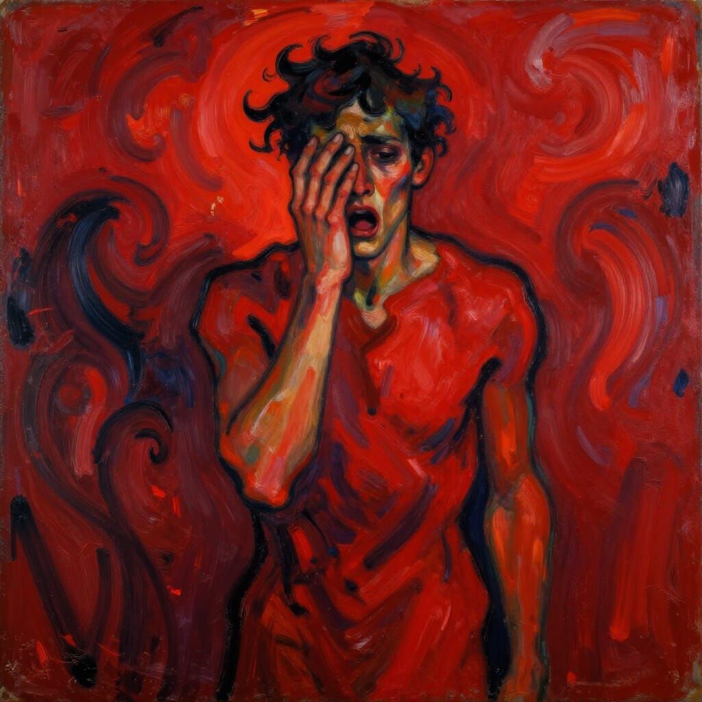 Fiery Red Expressionist Portrait of Solitary Figure